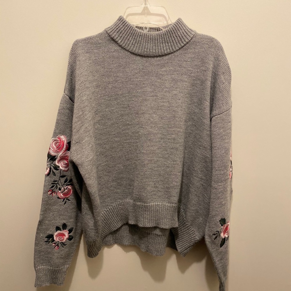 Sweater with Floral Embroidered Sleeves